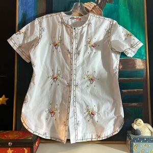 Vintage 80s Hand Embroidered Asian Blouse Floral-Baskets Daffodil China-Made  35